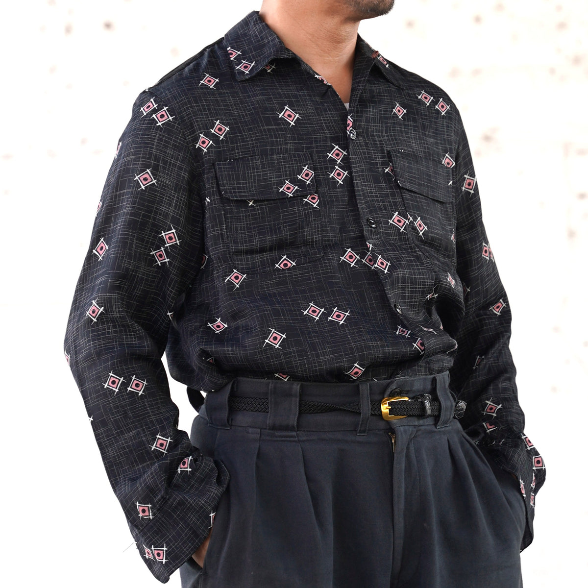 #270105 1950s Rayon L/S Shirt - Atomic Geometric