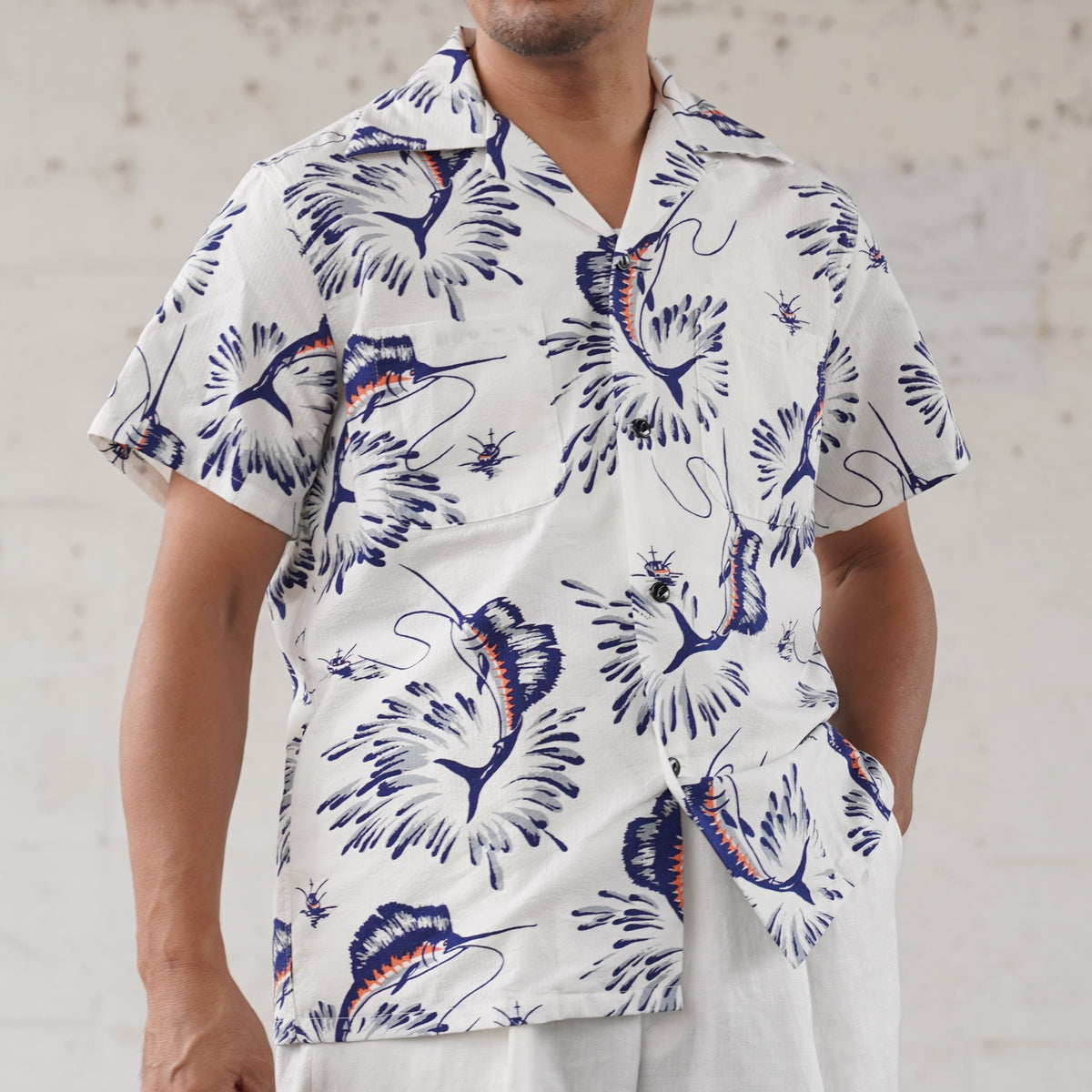 #270112 1950s Seersucker Short Sleeve Shirt - Marlin