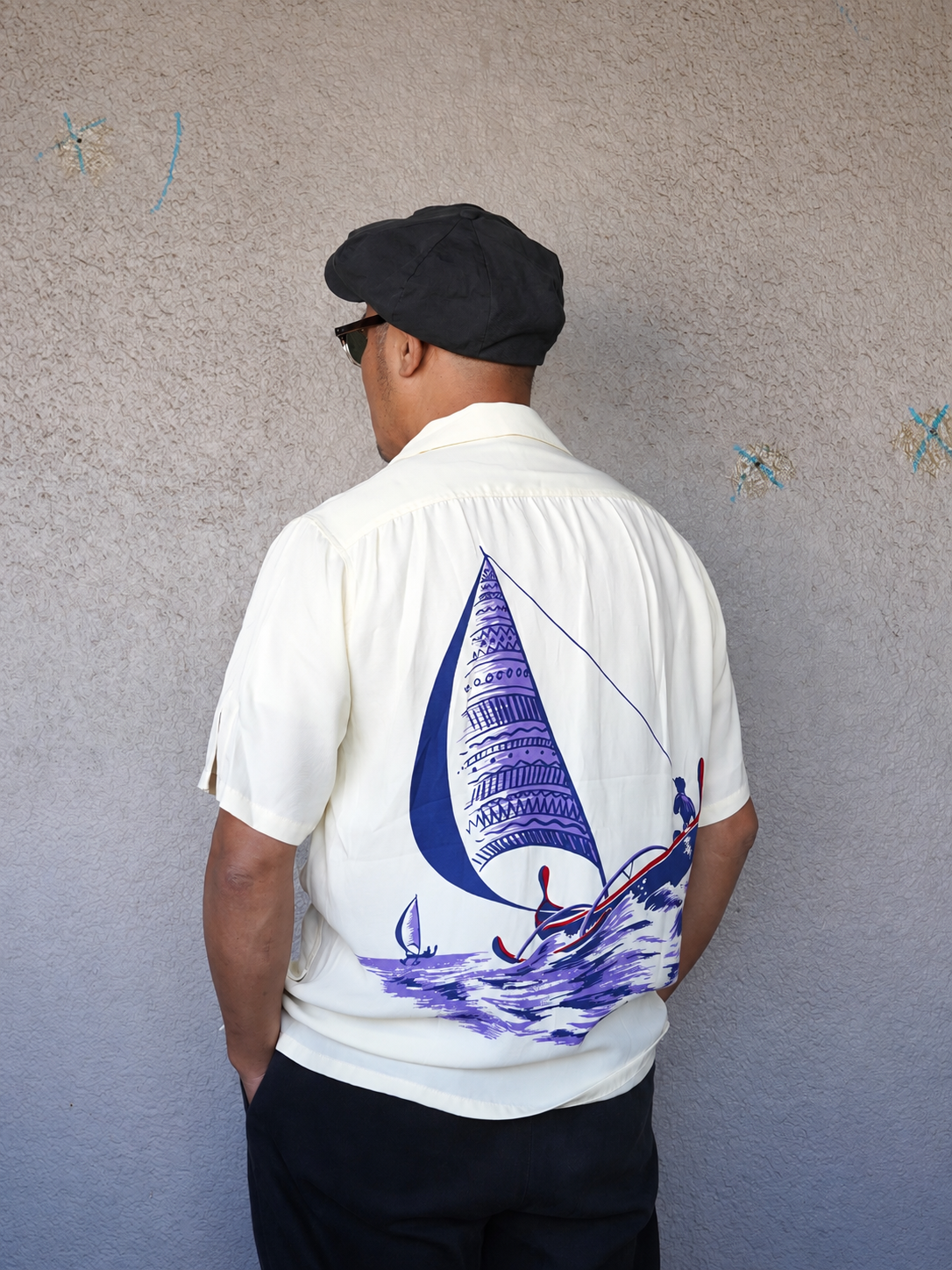 #270118 1940s Sailboat Print Rayon S/S Shirt