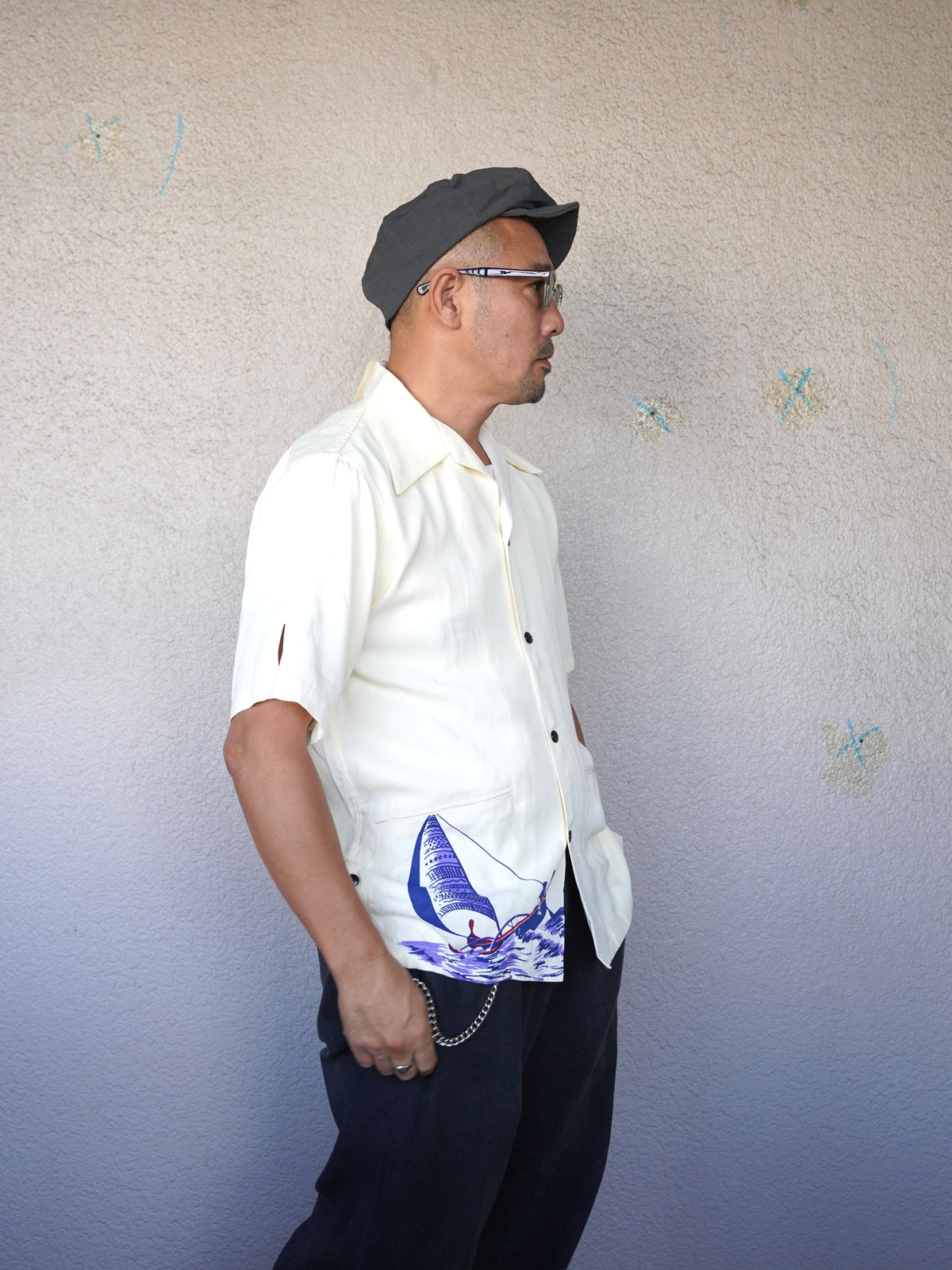 #270118 1940s Sailboat Print Rayon S/S Shirt