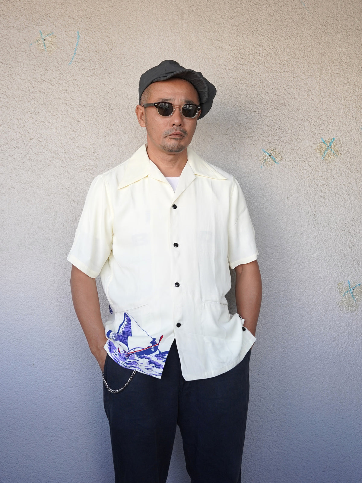 #270118 1940s Sailboat Print Rayon S/S Shirt