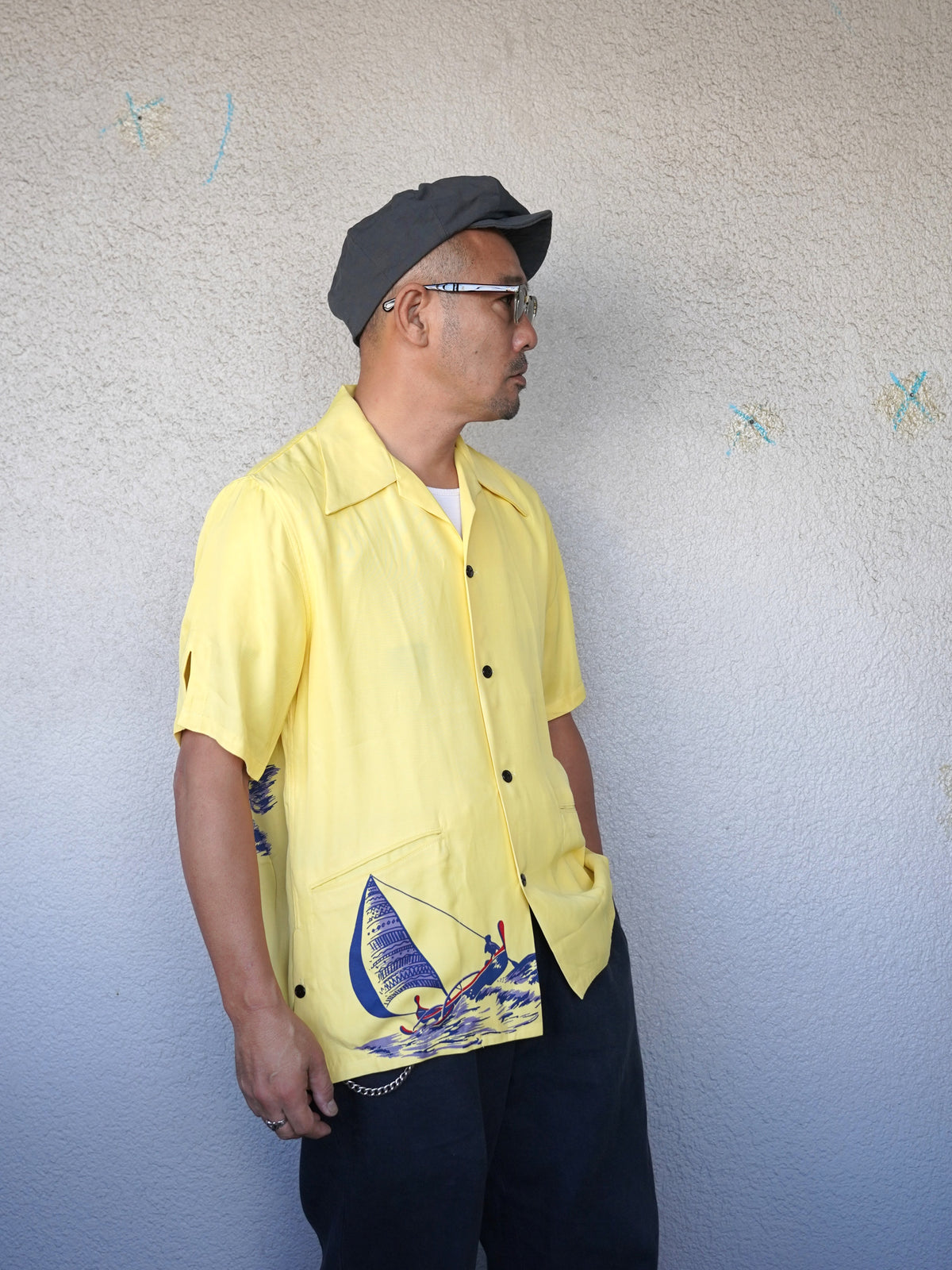 #270118 1940s Sailboat Print Rayon S/S Shirt
