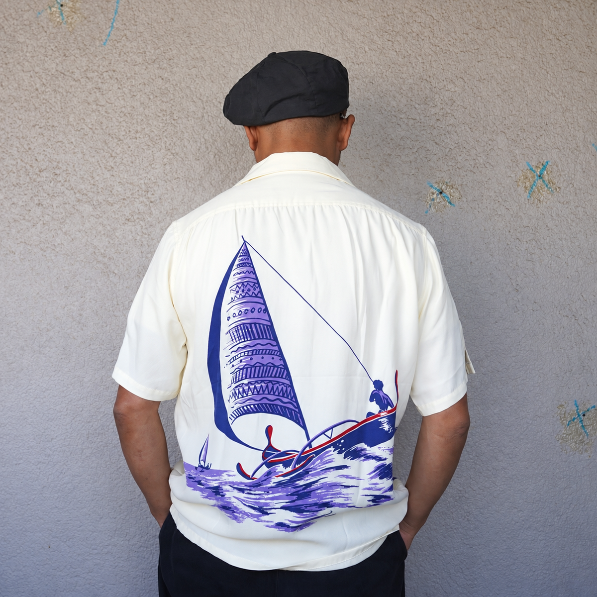 #270118 1940s Sailboat Print Rayon S/S Shirt